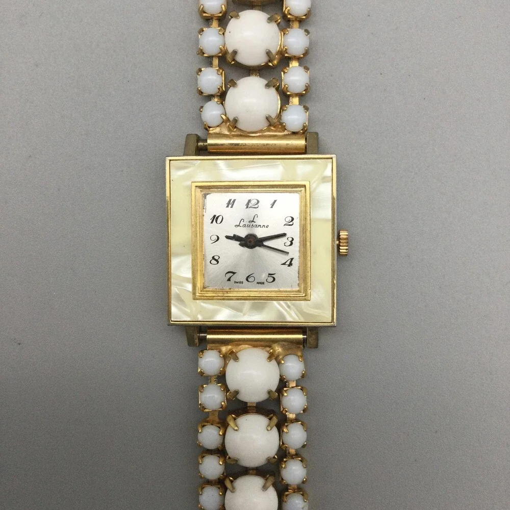 Vintage Lausanne Womens Watch 26mm Gold Tone MOP Dial Cabochon Manual Wind